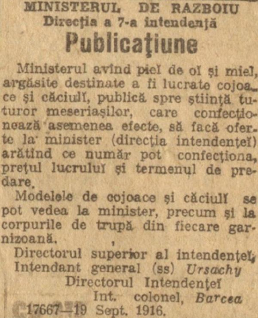 Publicațiune privind confecțiile militare/ 19 sept. 1916.